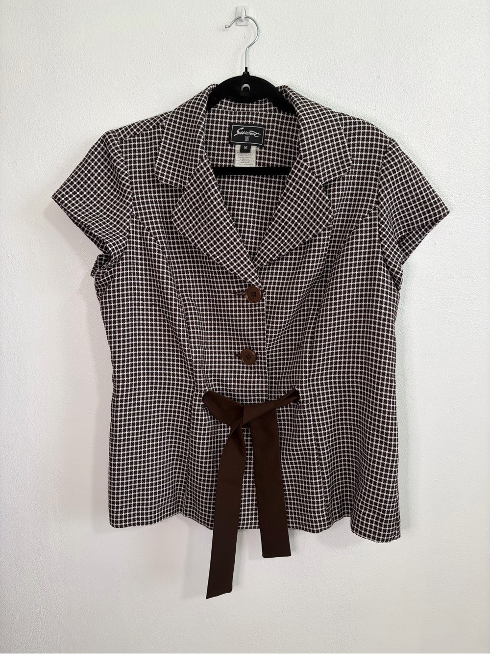 Sweet Suit brown & white houndstooth belted blazer top size 16